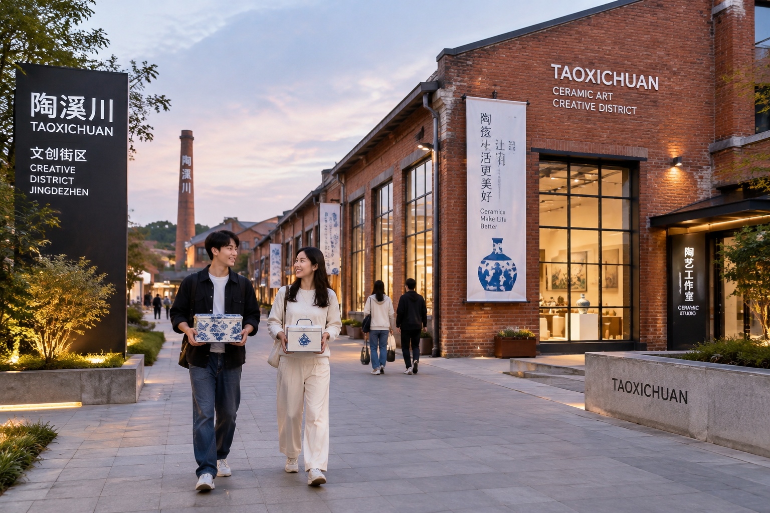 Exterior of the Taoxichuan creative district in Jingdezhen at twilight, old brick factory buildings now housing galleries and studios, with young people walking by