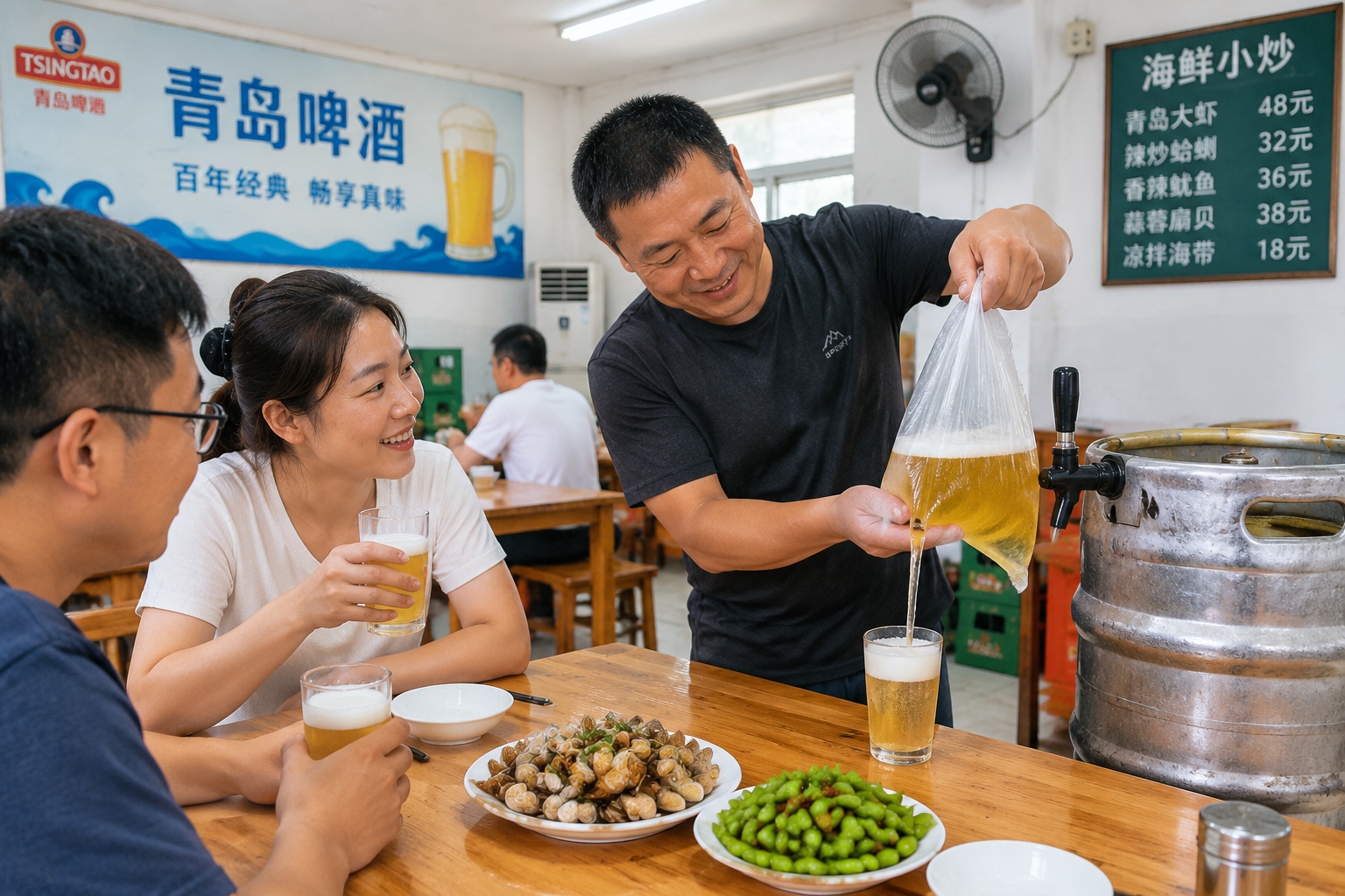 Customers inside a simple Qingdao beer house pouring draft beer from a plastic bag into glasses, with plates of clams on the table.