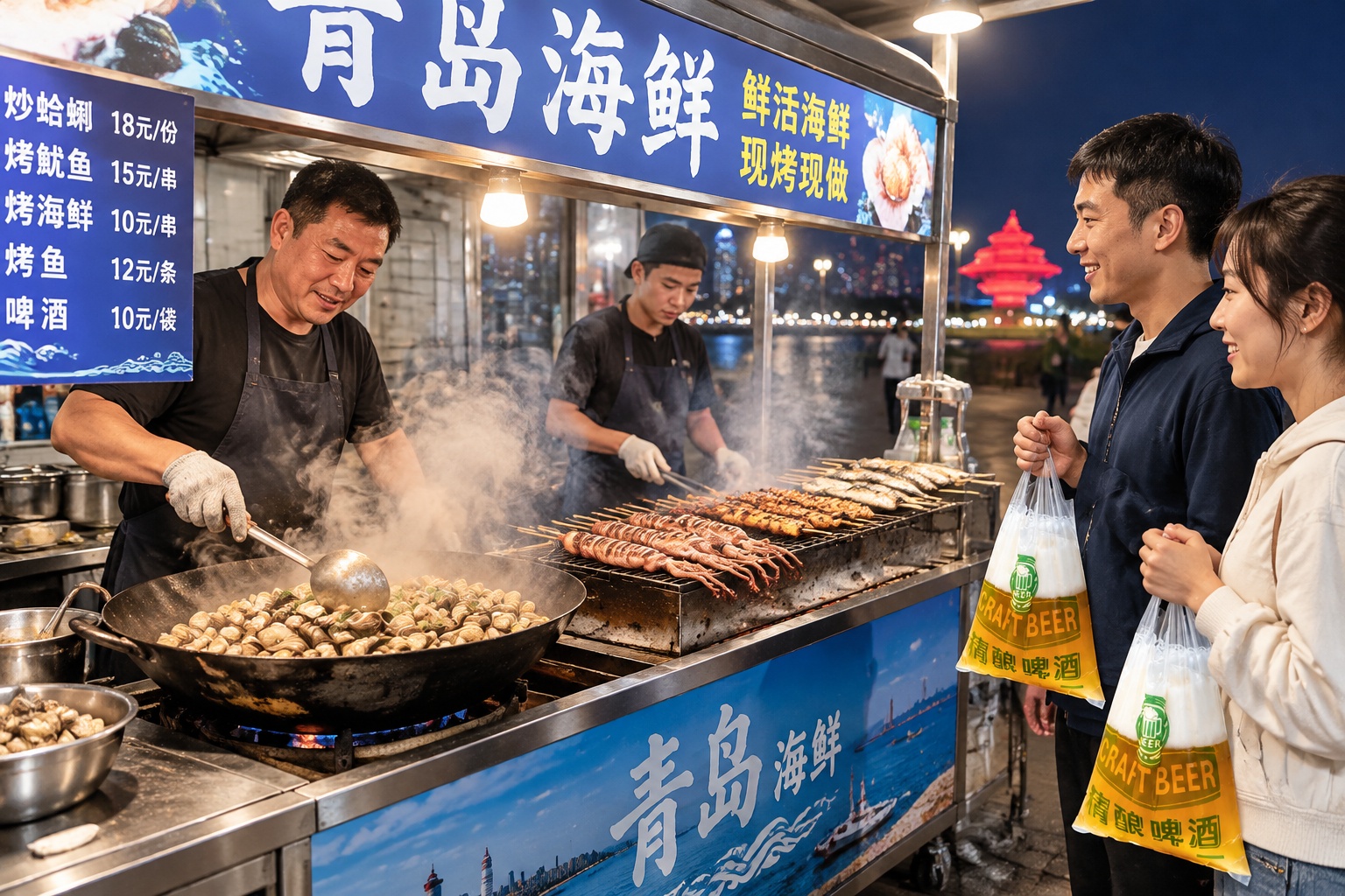 A street seafood vendor in Qingdao steaming clams and grilling squid skewers while customers hold plastic bags of beer.