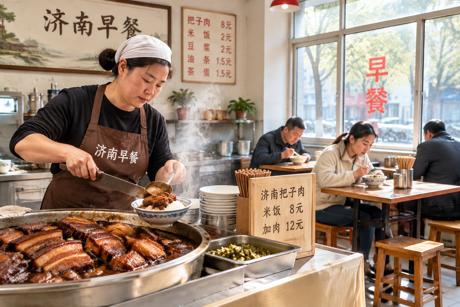 A worker in a Jinan breakfast shop slicing braised pork belly and serving it over rice to customers at low stools.