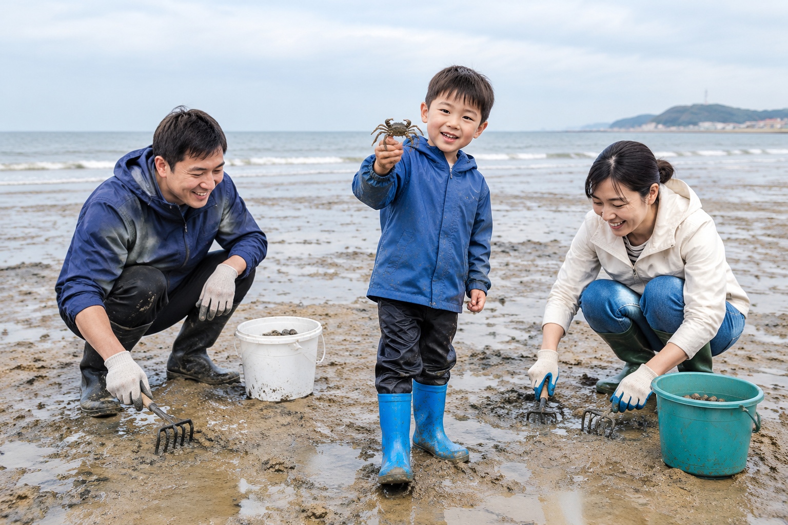 A family digging for clams and crabs on a Shandong tidal flat at low tide, with buckets and small rakes.