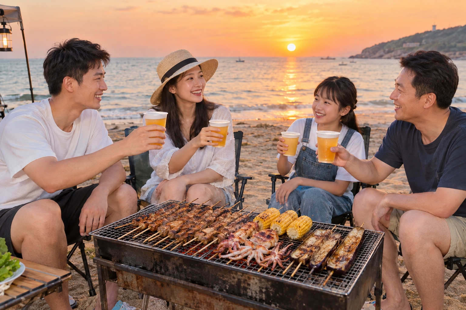 Friends and family gathered around a charcoal grill on a Shandong beach at sunset, with lamb skewers, squid, and beer.