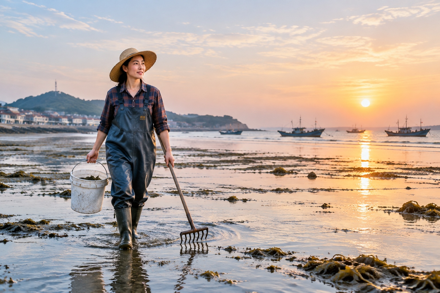 A lone coastal forager walking across a wet tidal flat at dawn in Shandong, carrying a bucket and rake.