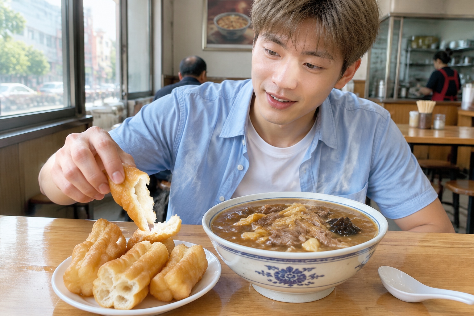 A bowl of beef hulatang beside golden youmotou fried dough at a Zhengzhou breakfast table.