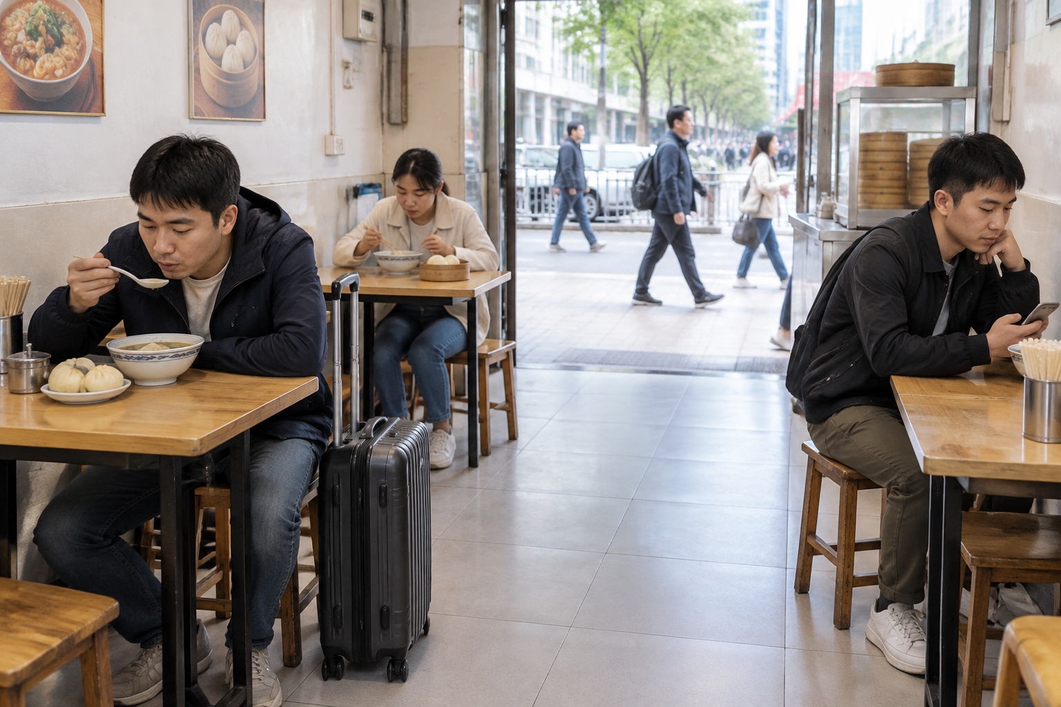 Travelers eat breakfast with luggage beside their tables in a restaurant near Zhengzhou Railway Station.