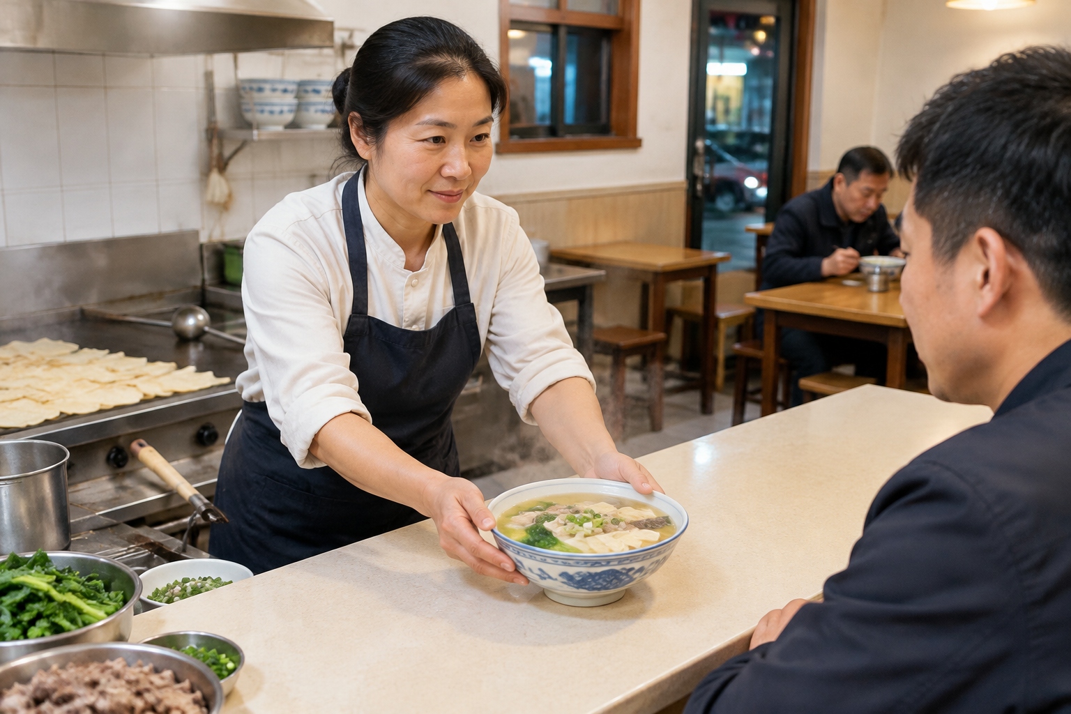 A cook serves bufantang with small pancakes and broth at a modest soup shop in Luoyang.