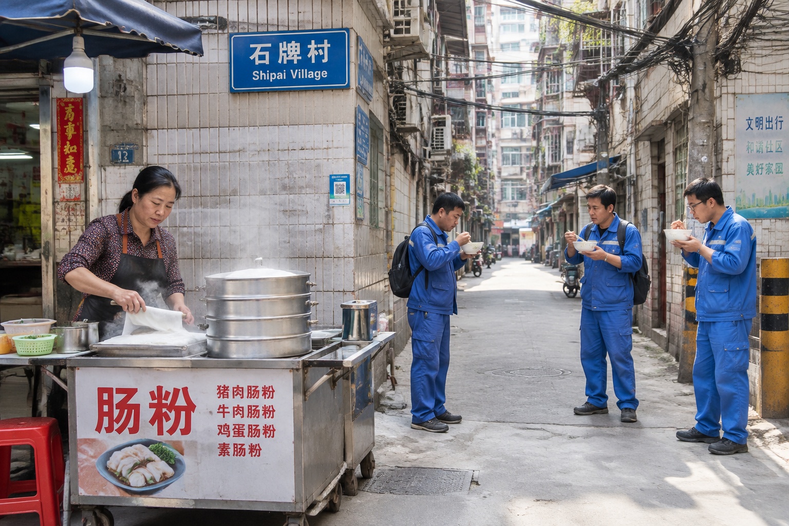 Narrow alley in a Guangzhou urban village with a rice noodle cart and workers eating breakfast