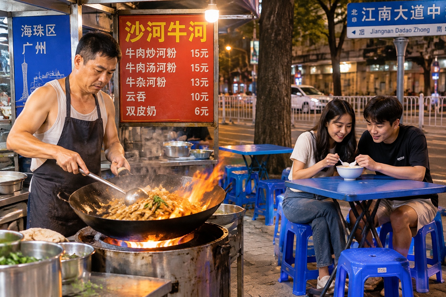 Man cooking beef hor fun in a wok at a late-night Guangzhou food stall with diners at plastic tables