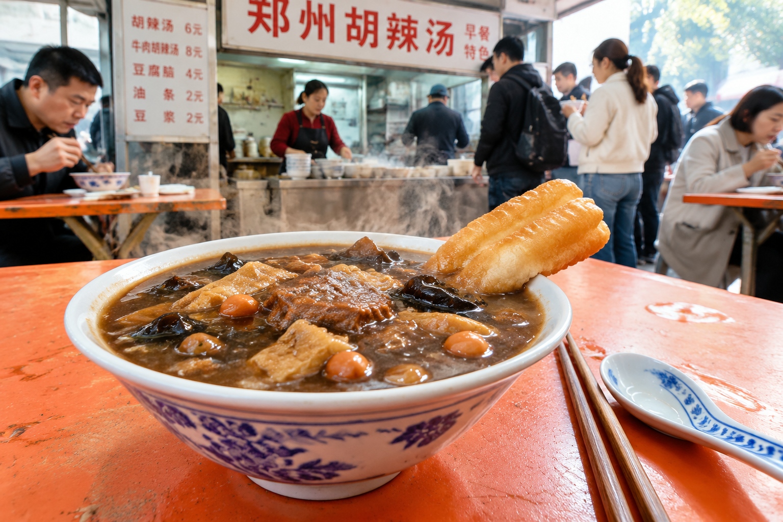 Close-up of a bowl of Zhengzhou hulatang, a peppery beef and mushroom soup, with fried dough on the side at a street breakfast stall.