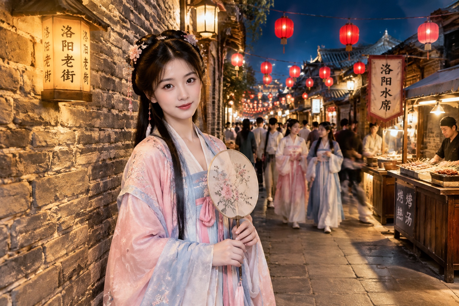Young woman in hanfu posing against an ancient brick wall in Luoyang old town at night, with food stalls and red lanterns behind her.