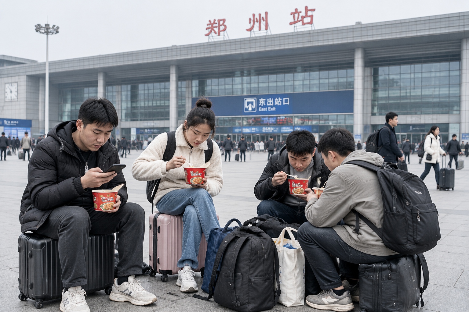 Young migrant workers eating instant noodles on their suitcases outside Zhengzhou railway station in the morning.