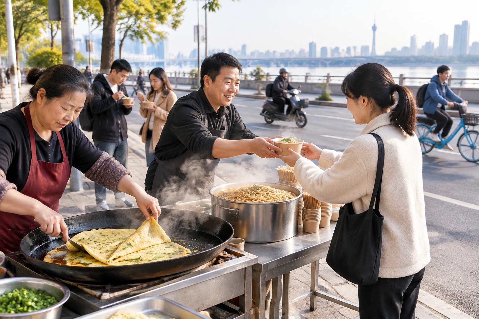 A Wuhan breakfast street stall in the early morning with vendors cooking hot dry noodles and doupi while customers eat standing on the sidewalk.