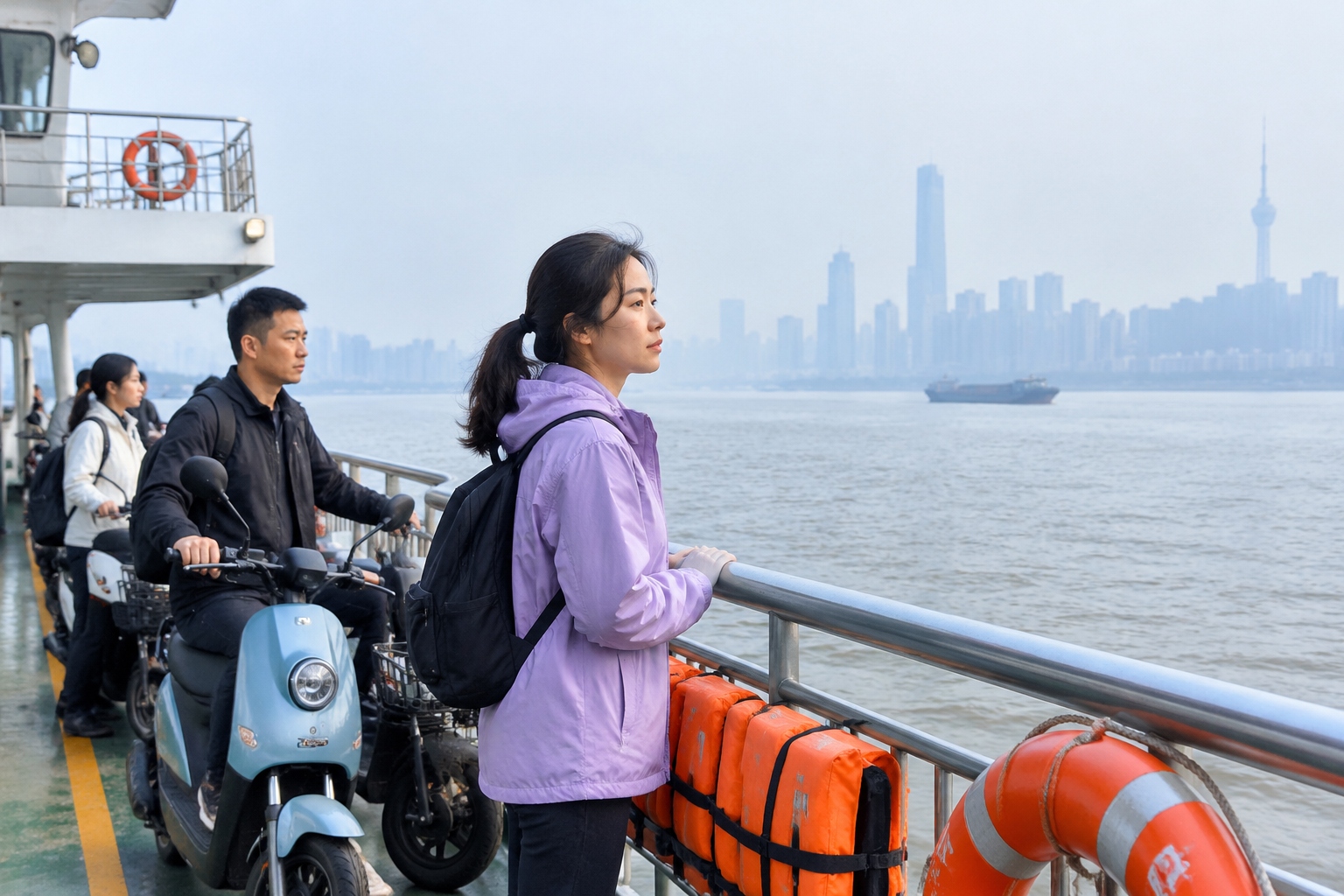 Commuters with electric scooters on the Wuhan Yangtze Ferry crossing the river in morning fog during rush hour.
