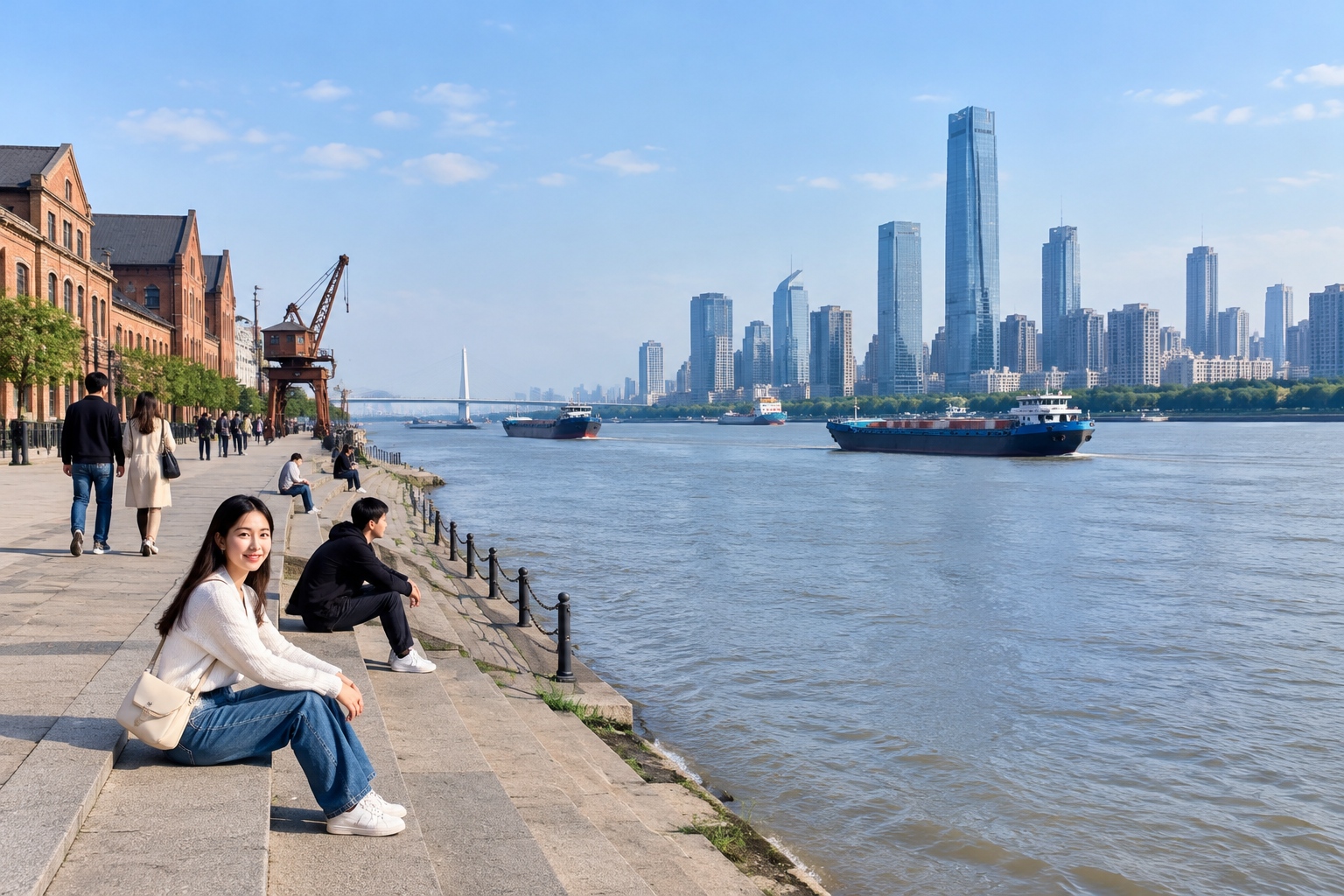 The Wuhan Yangtze riverfront with old dock buildings and modern towers, showing the city's layered history along the river.