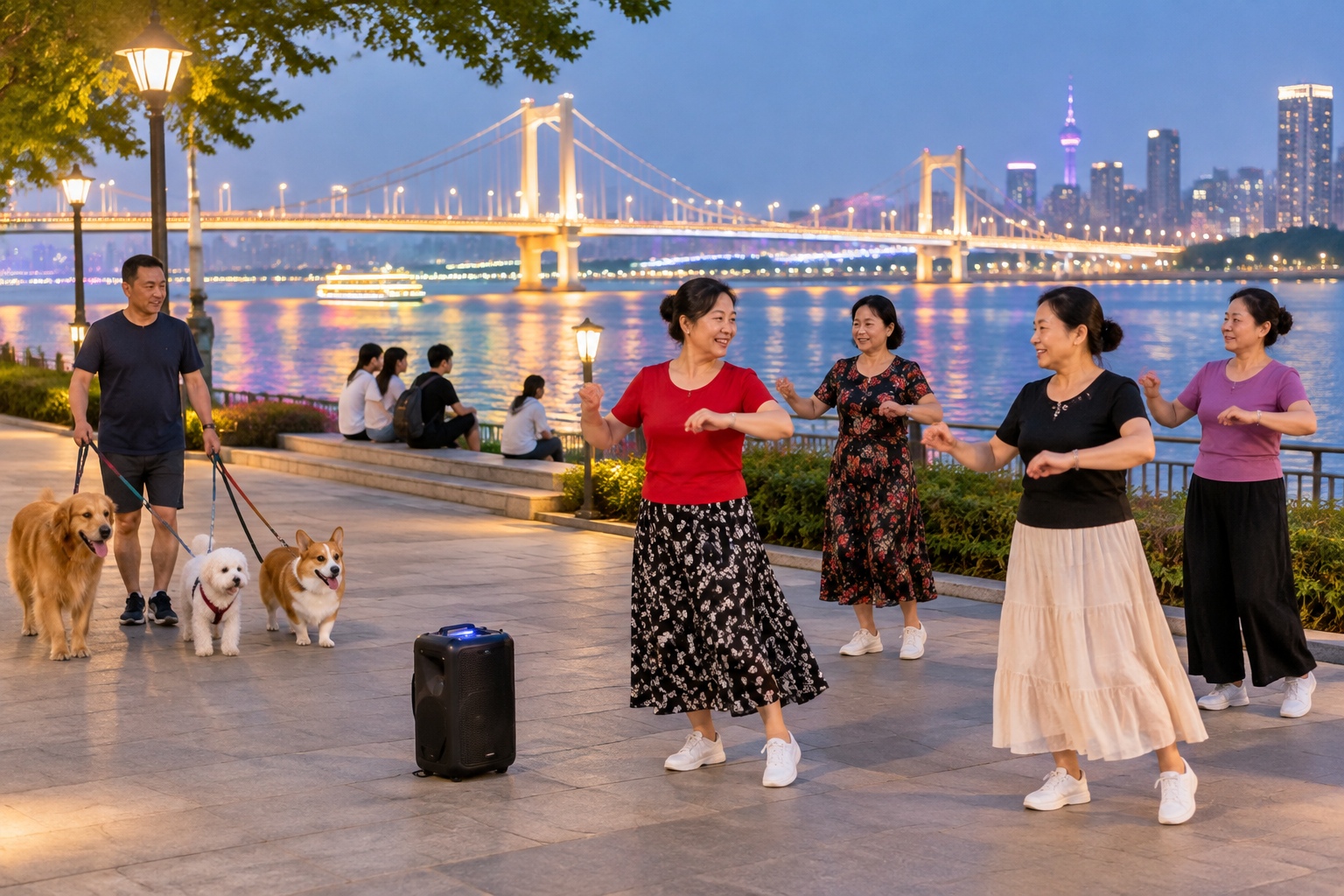 People dancing, walking dogs, and sitting on the steps at Wuhan Yangtze Riverbank Park at night with bridge lights reflecting on the water.
