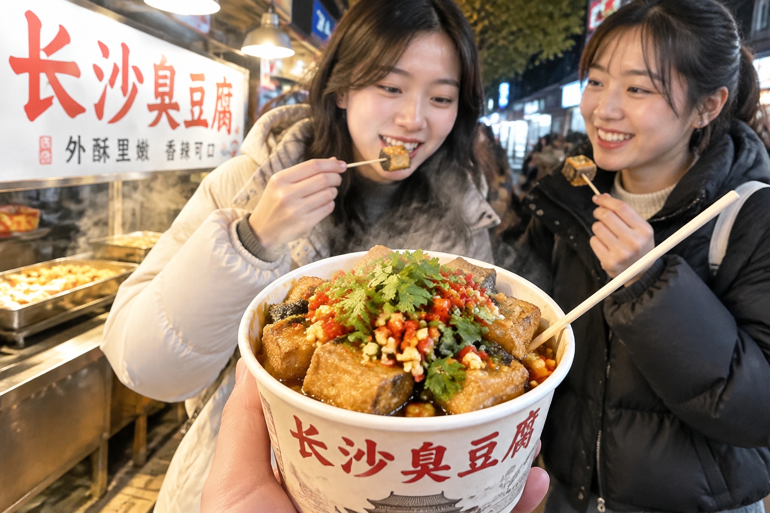 A paper bowl of crispy stinky tofu topped with chili and garlic at a Changsha night market stall, with a young woman eating in the background.