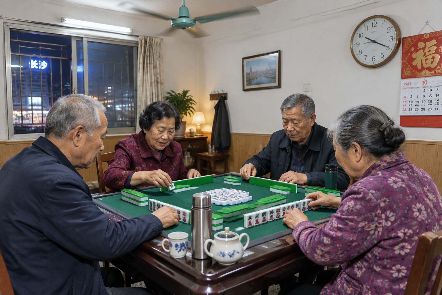 Four elderly people playing mahjong around a table in a small neighborhood mahjong parlor in Changsha at night, with tea thermoses and a ceiling fan.