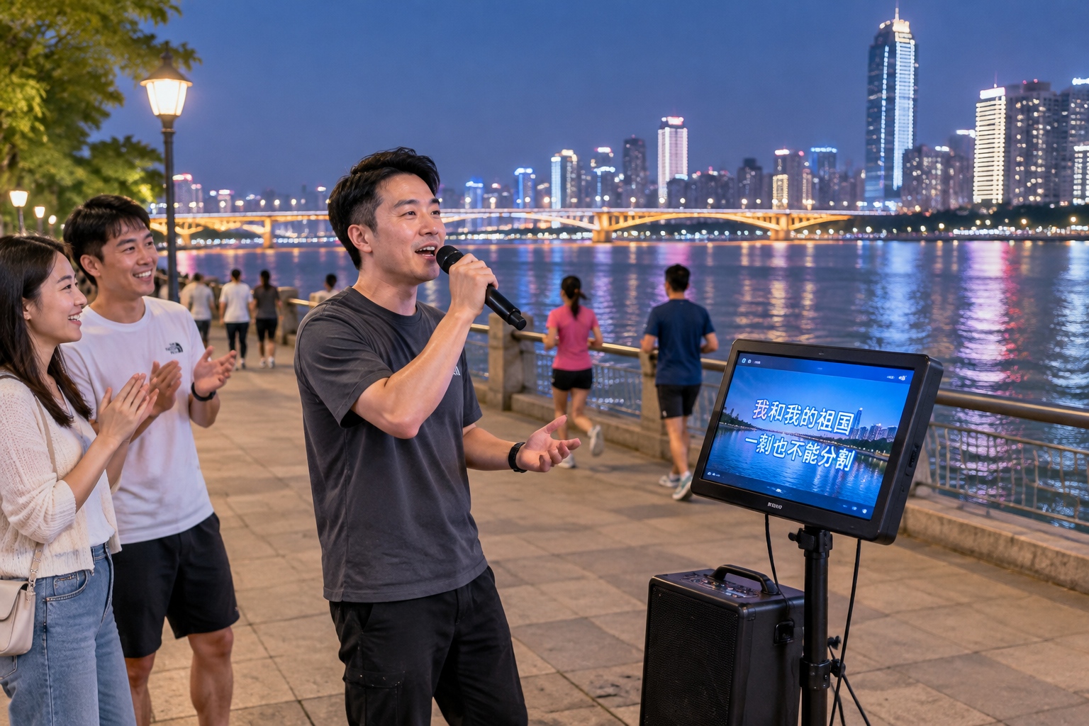 A man singing at a portable outdoor karaoke setup on the Xiang River promenade in Changsha at night, with city lights reflecting on the water.