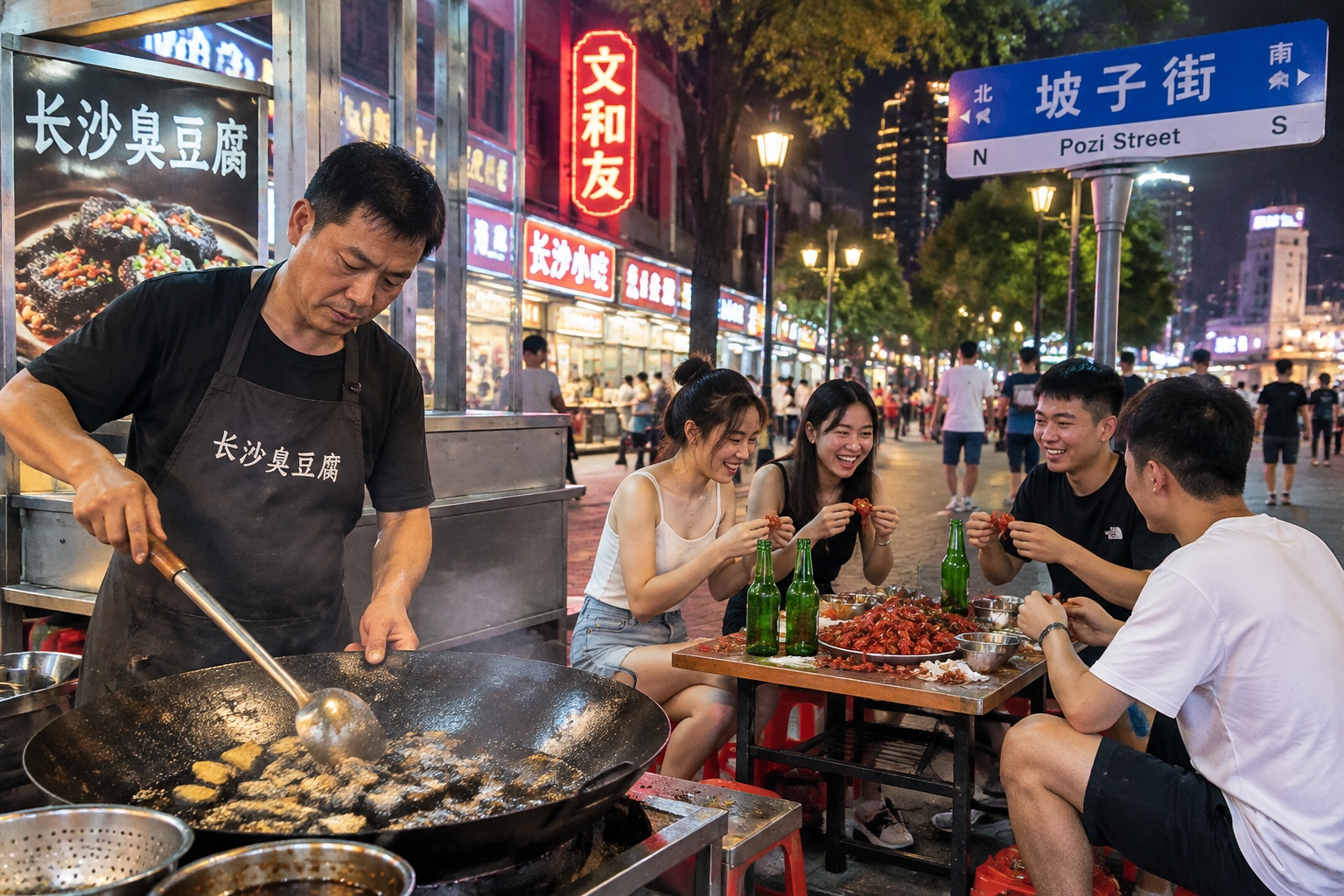A busy Changsha street at 2 a.m. with a vendor frying stinky tofu and young people eating crawfish at a low table nearby.