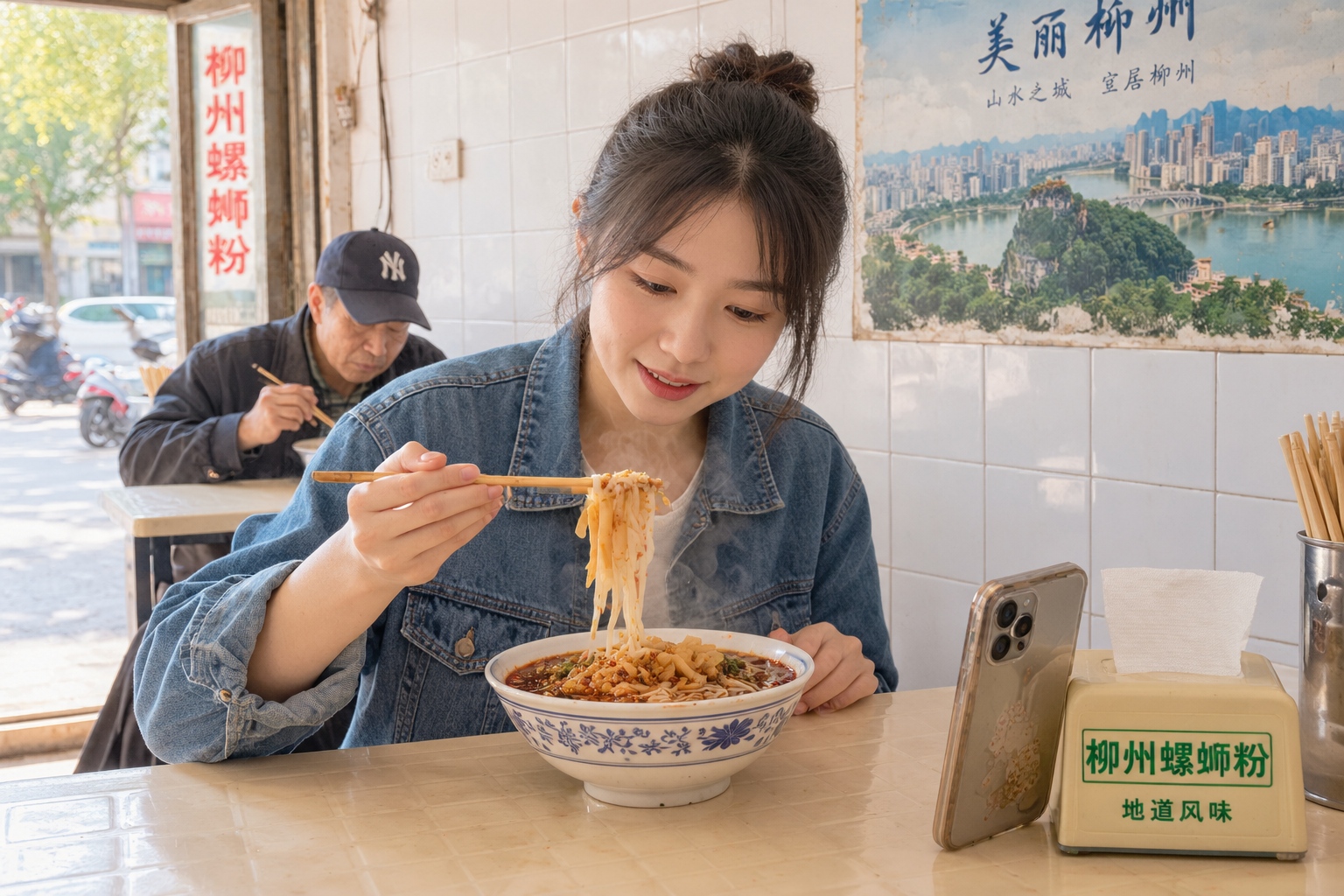 A young woman eating a bowl of spicy luosifen rice noodles at a small street shop in Liuzhou, Guangxi, with her phone recording the meal.