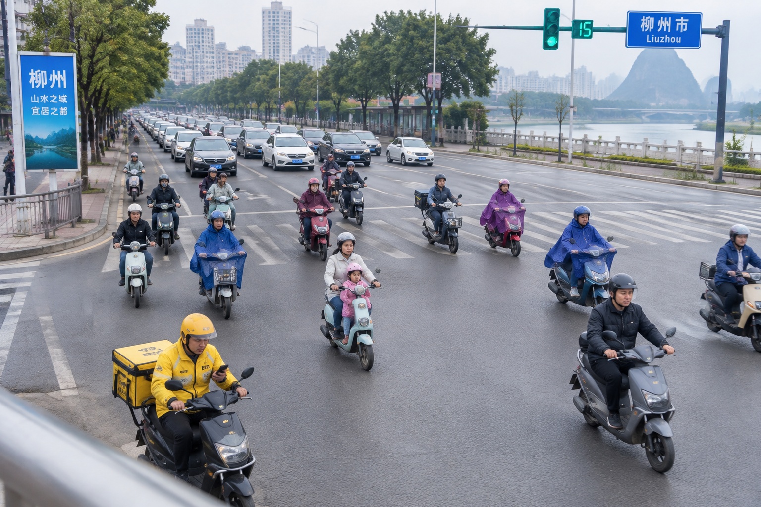 A large group of e-bikes and electric scooters crossing a busy intersection in Liuzhou during morning rush hour.
