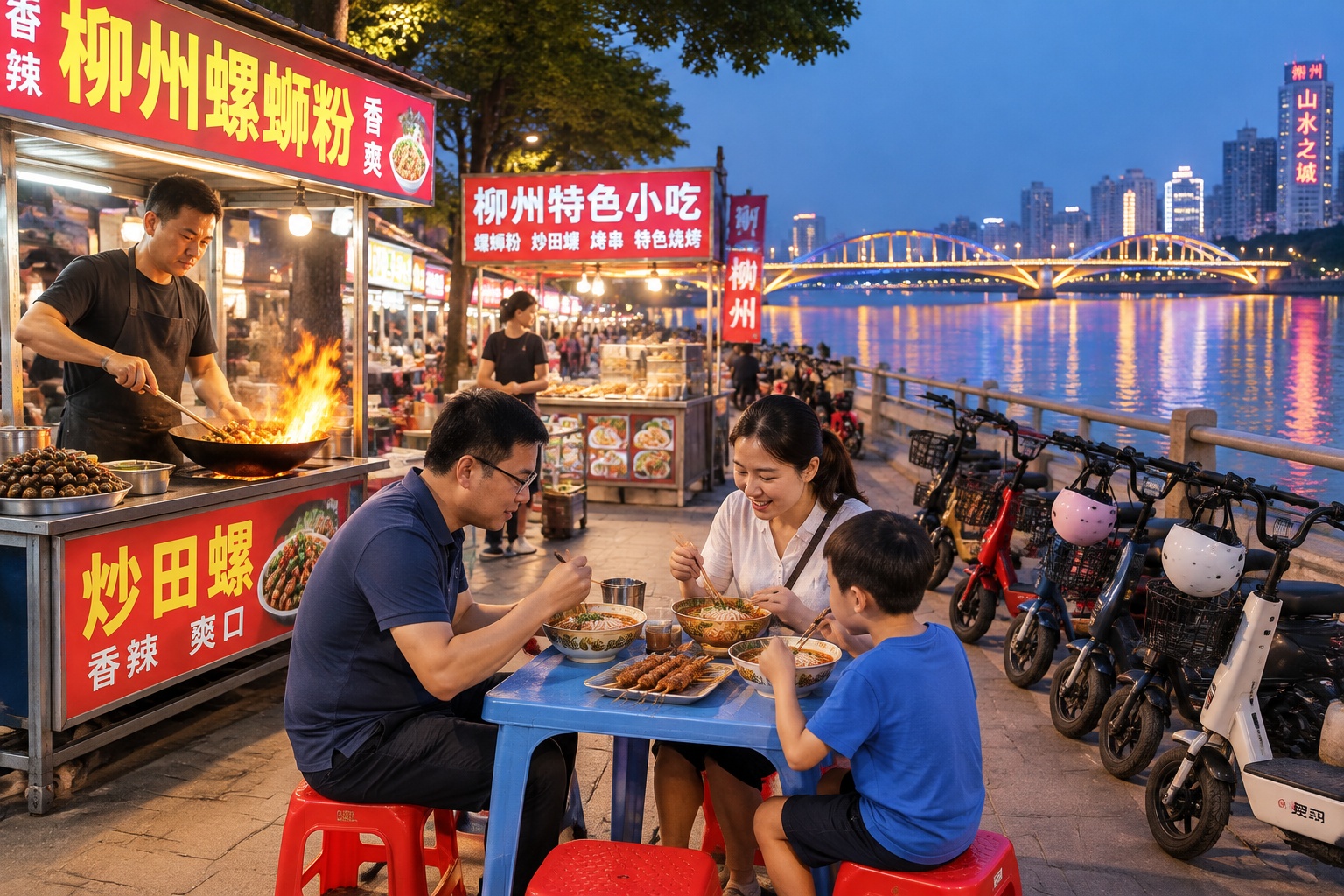 A night market along the Liujiang River in Liuzhou with food stalls, neon signs, and families eating luosifen at outdoor tables.