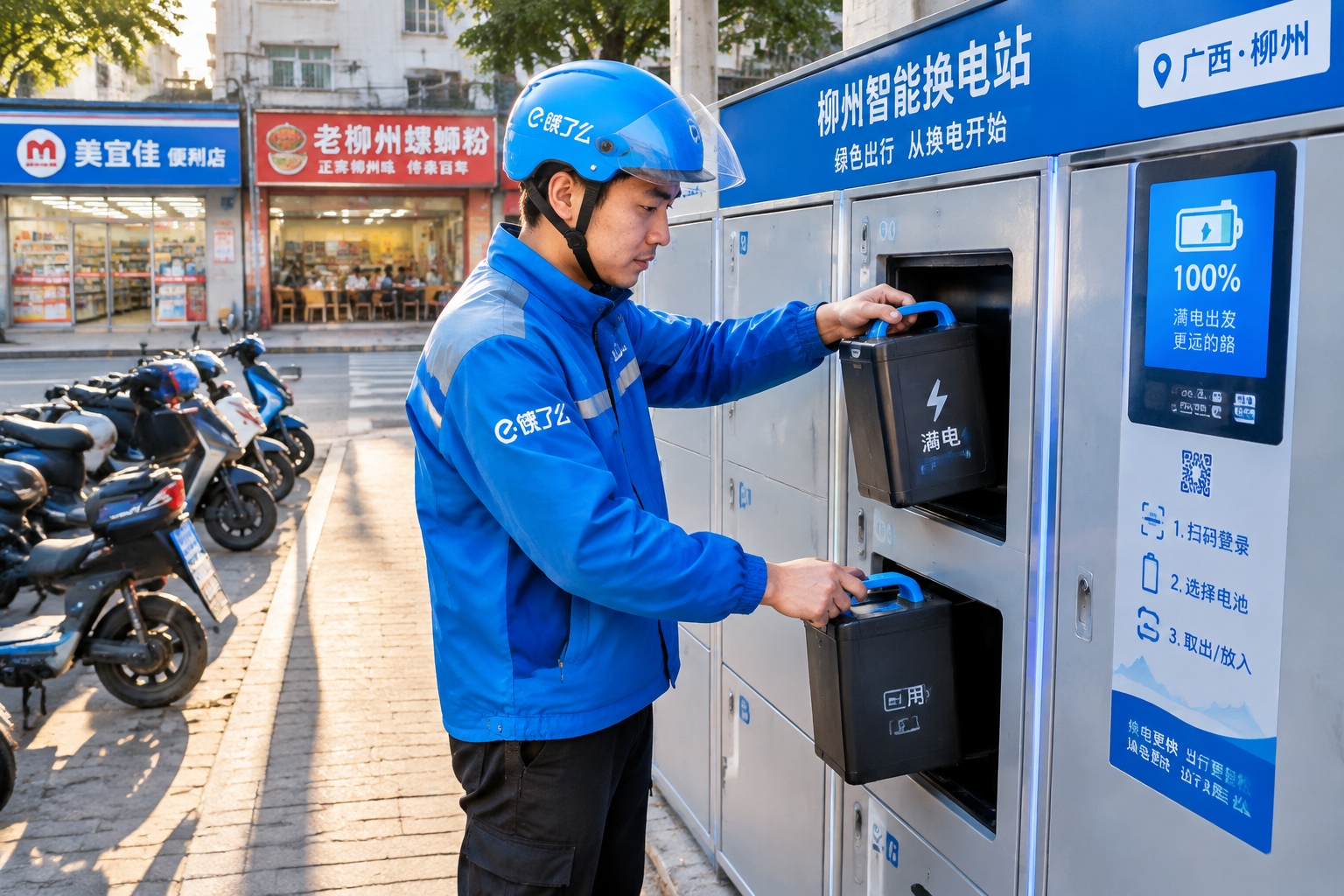 A delivery rider swapping a used battery for a fully charged one at a roadside kiosk in Liuzhou, with e-bikes parked nearby.