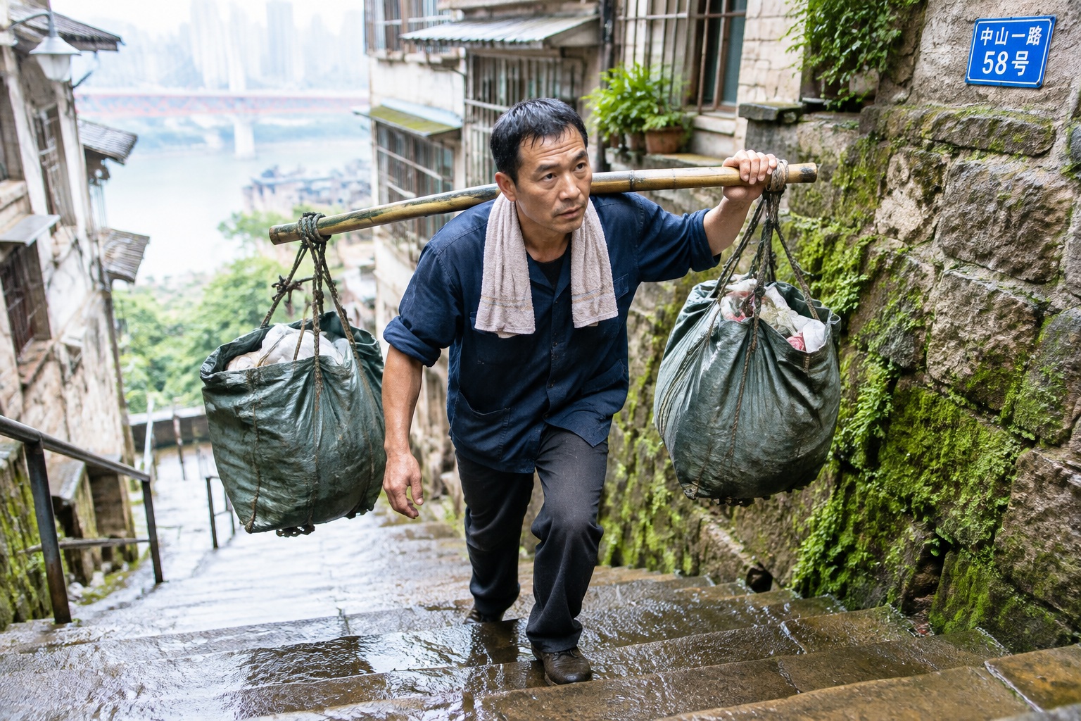 A porter carrying goods with a bamboo pole up stone steps in Chongqing, China