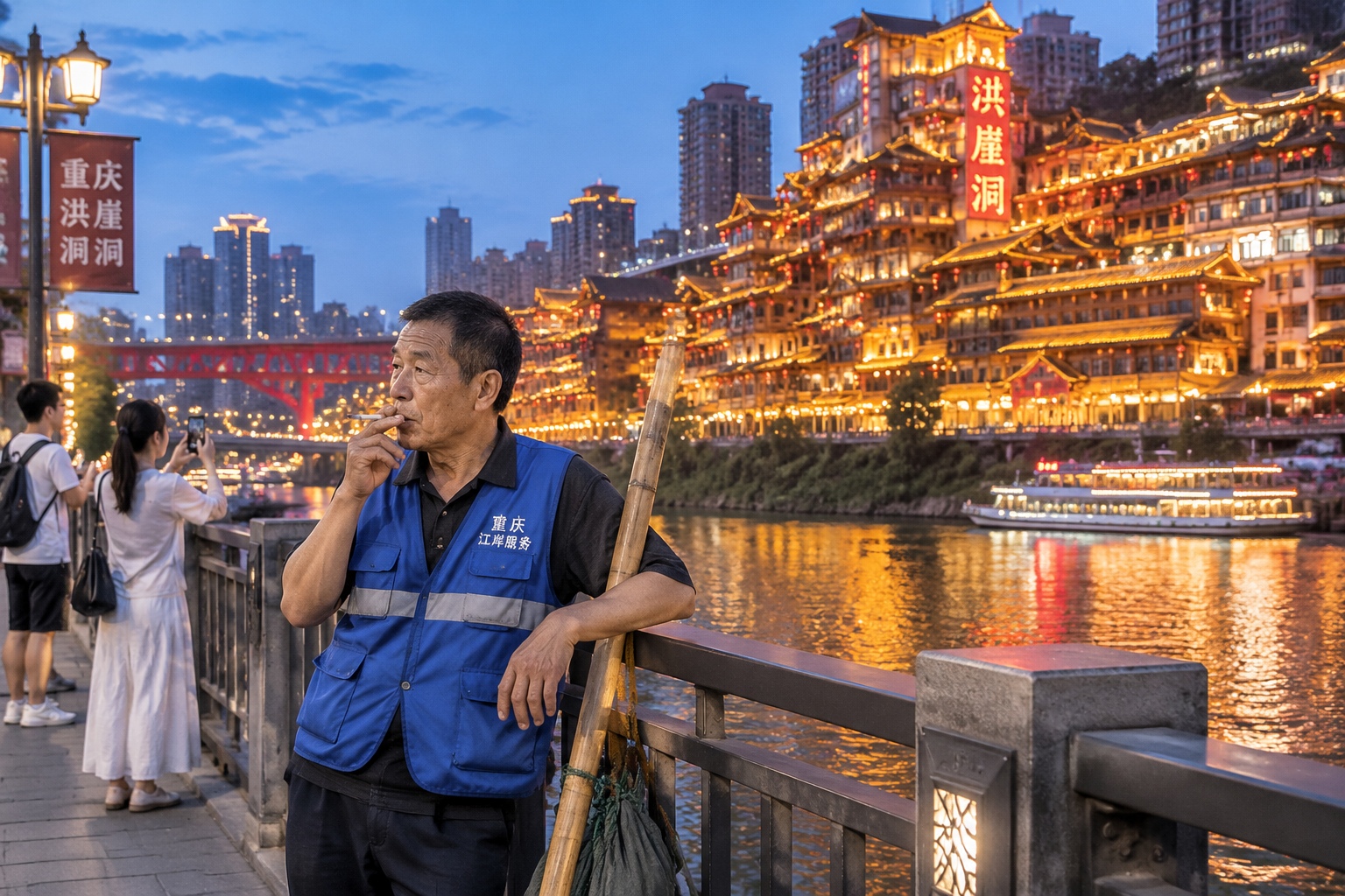 Hongya Cave illuminated at night in Chongqing, with a porter resting in the foreground