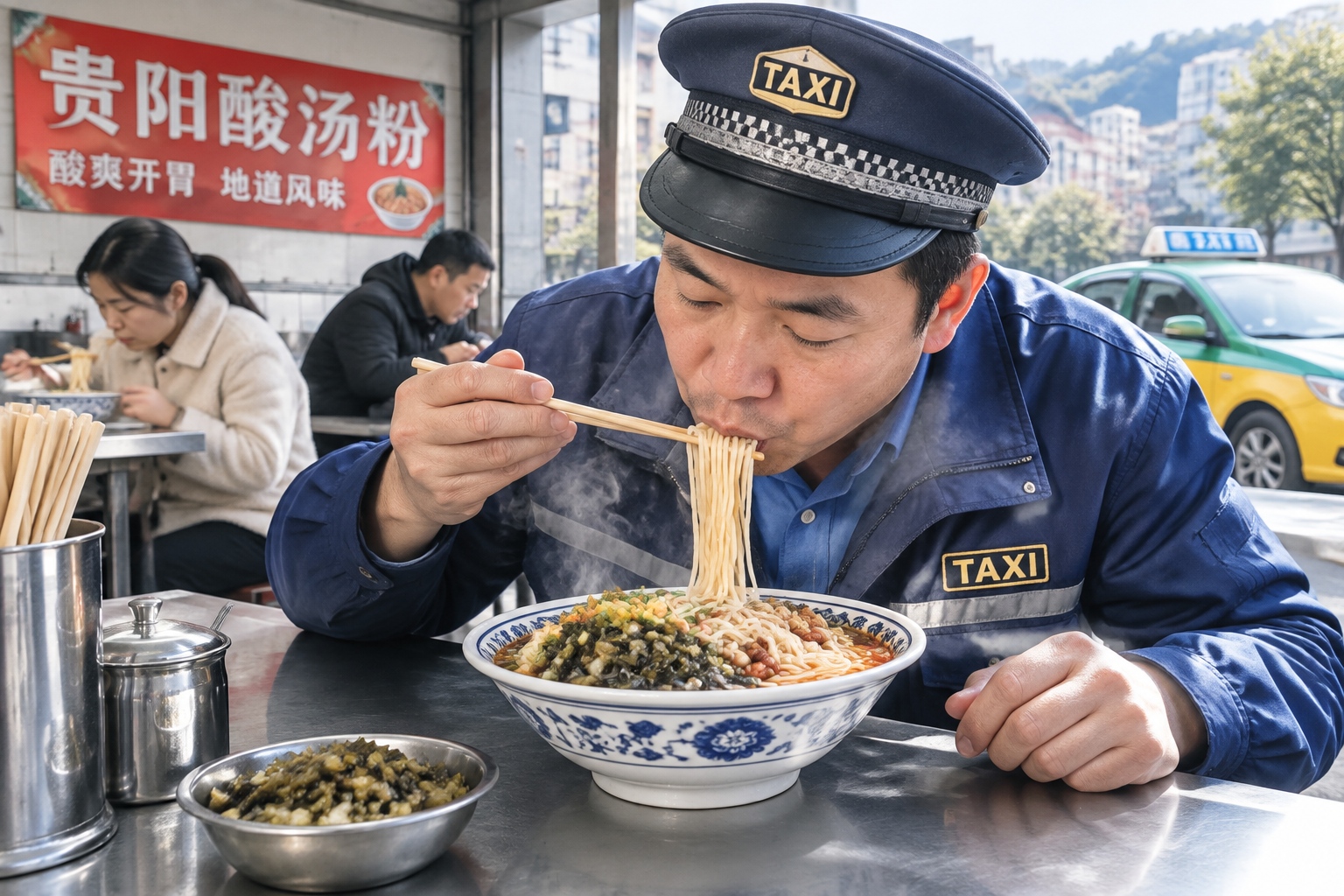A taxi driver eating a bowl of sour rice noodles at a street stall in Guiyang, China, with steam rising and other customers nearby.