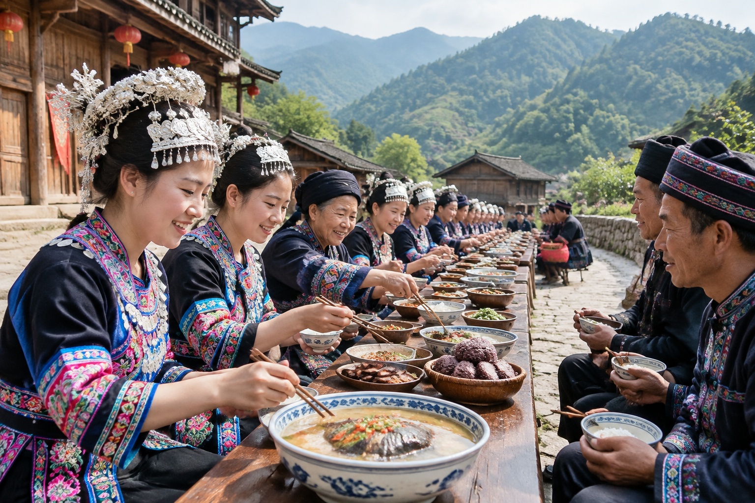 A long-table feast in a Miao village in Guizhou, China, with villagers and guests sitting along a continuous row of tables filled with sour fish soup and other dishes.
