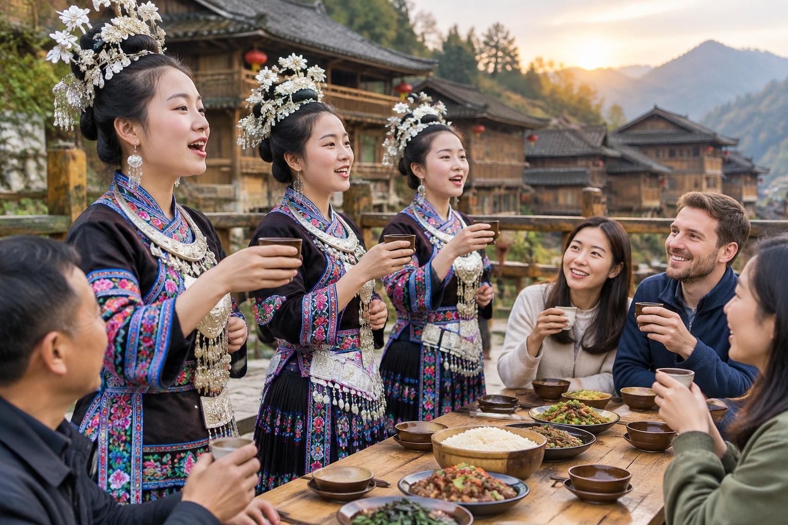 Miao women in traditional dress singing drinking songs and offering rice wine to guests at a long-table feast in Guizhou, China.