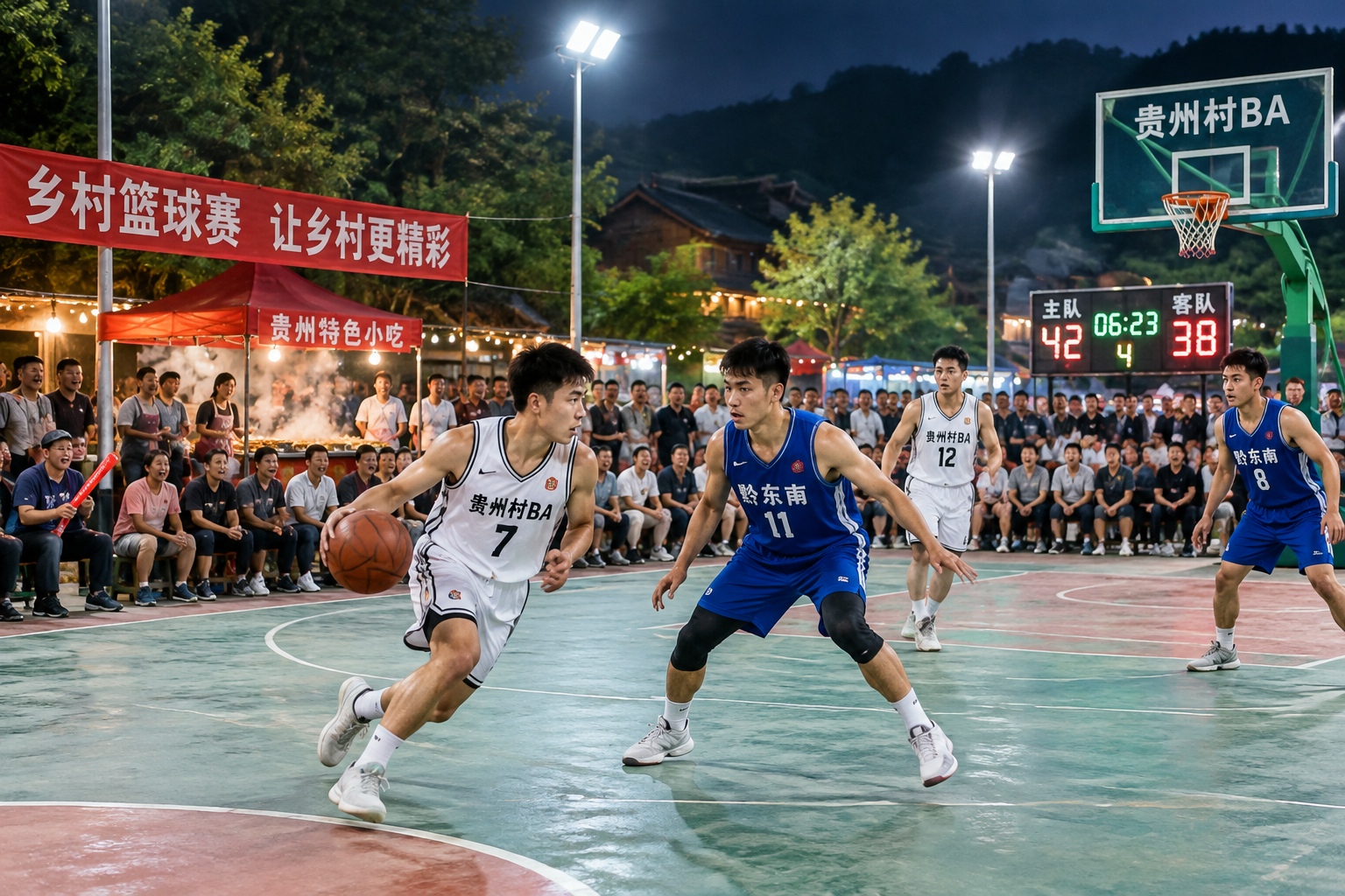 A village basketball game in Guizhou, China, with amateur players on an outdoor court at night and a large crowd of villagers watching.