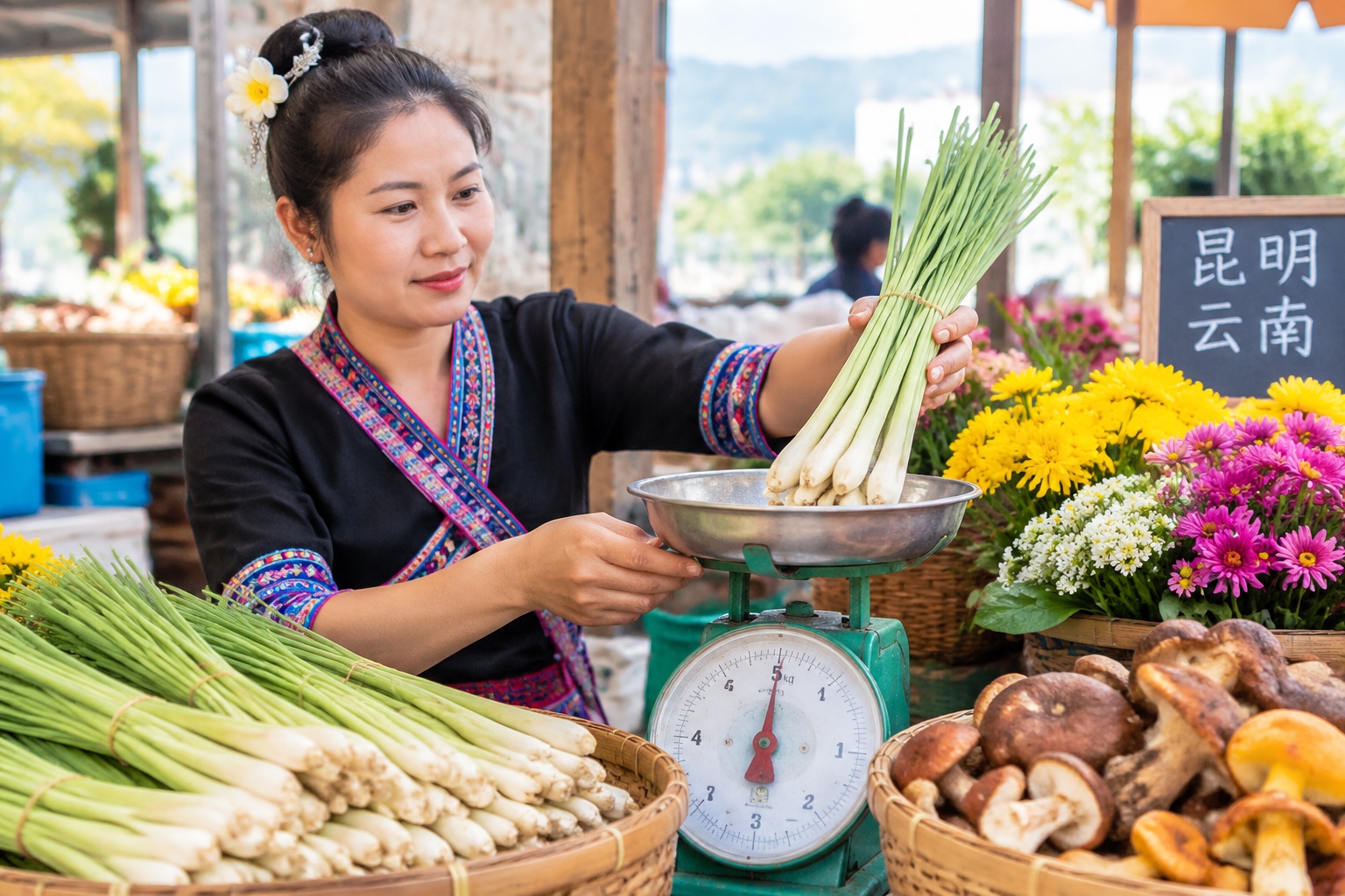 A Dai vendor weighing lemongrass at a morning market stall in Kunming, Yunnan, surrounded by flowers and wild mushrooms.
