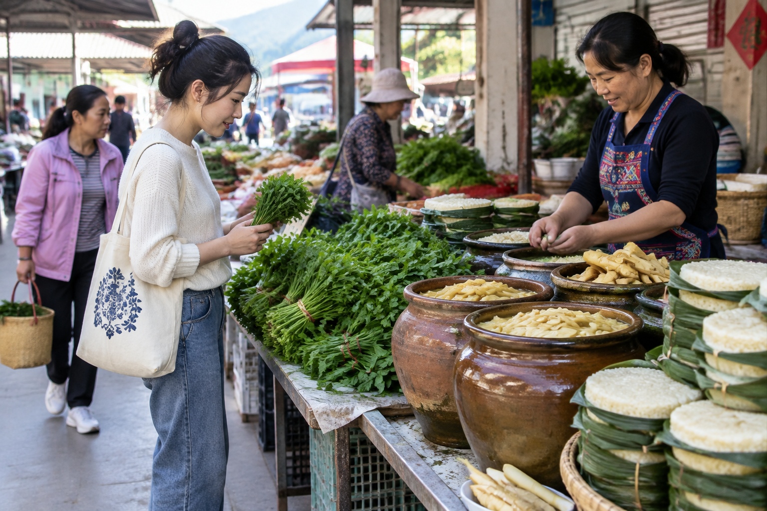 Market aisle in Yunnan with stalls selling fish mint, fermented bamboo shoots, and rice cakes wrapped in banana leaves.
