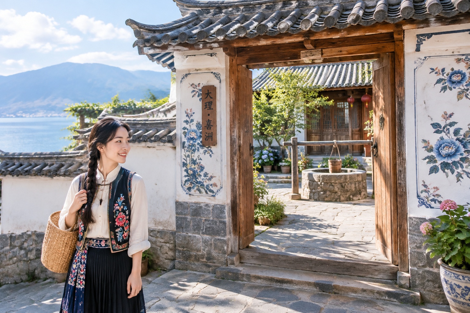 Traditional Bai courtyard with white walls, grey tile roof, and painted floral decorations near Erhai Lake in Dali, Yunnan.