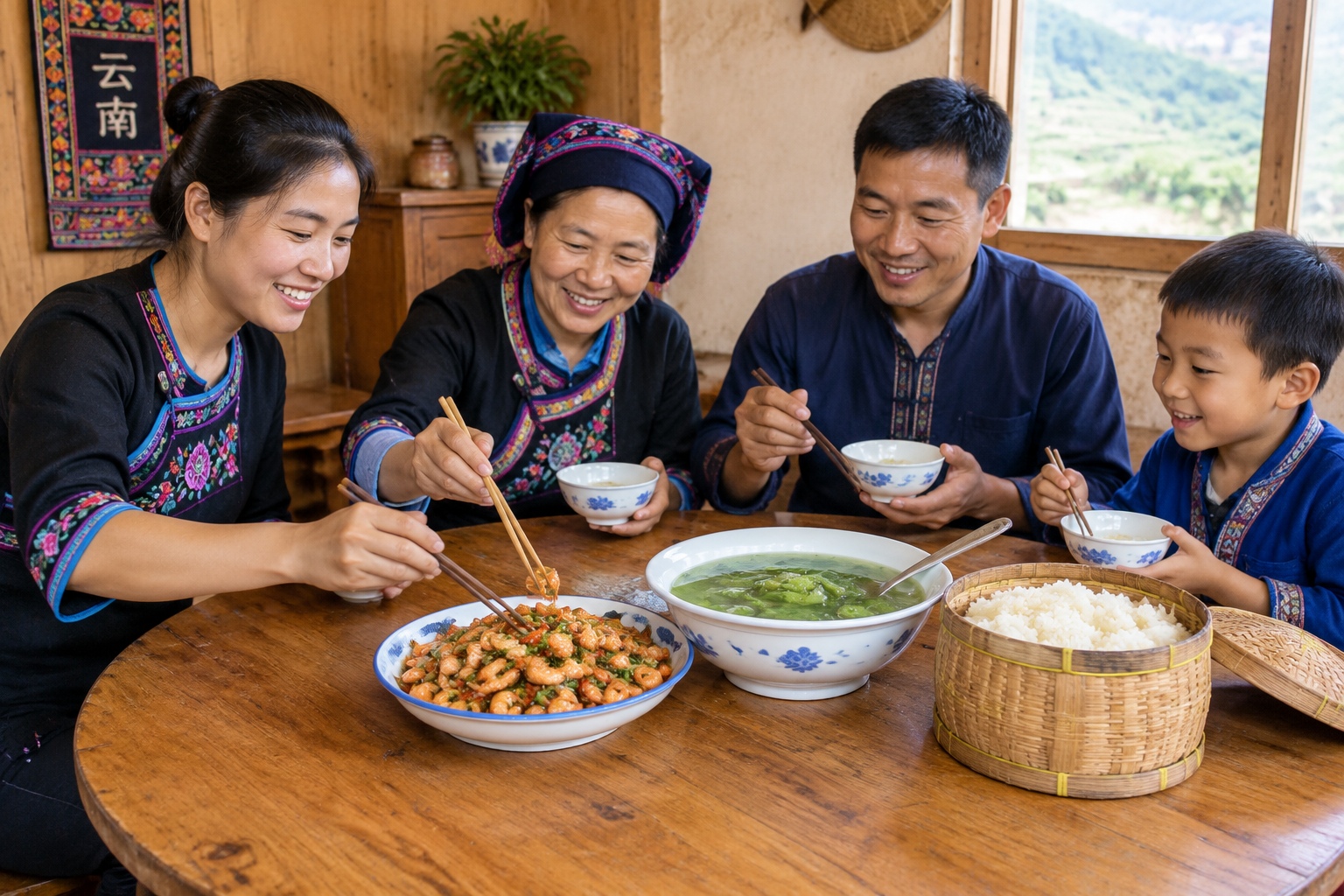 A home-cooked meal in a Yunnan village with stir-fried lake shrimp, bitter greens soup, and sticky rice, shared around a round table.