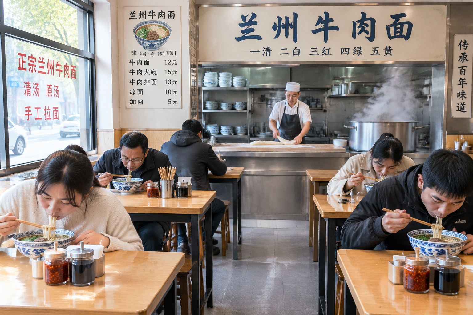 Interior of a Lanzhou beef noodle shop in the early morning with customers eating and a chef pulling noodles