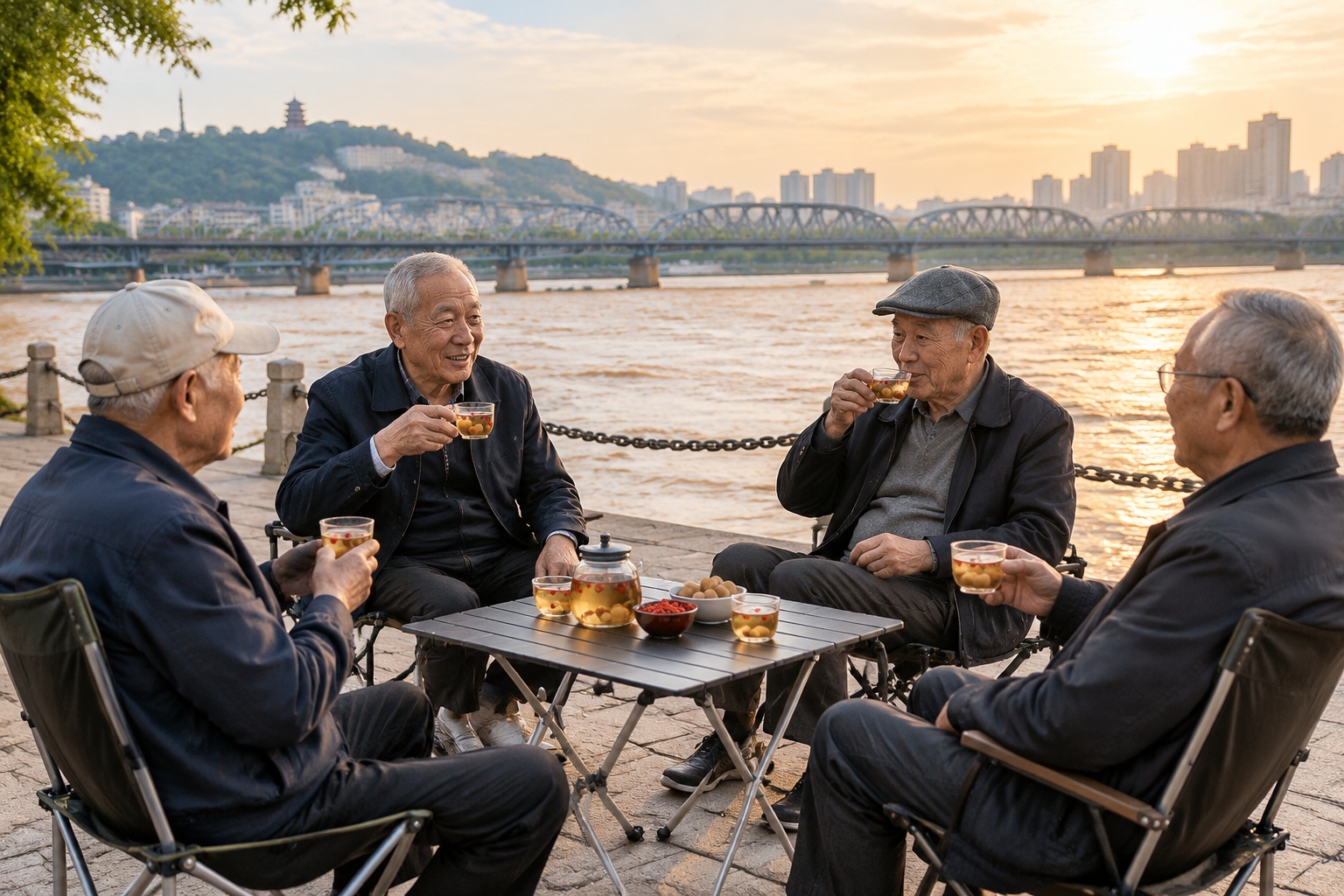 Elderly men drinking san pao tai tea on the south bank of the Yellow River in Lanzhou