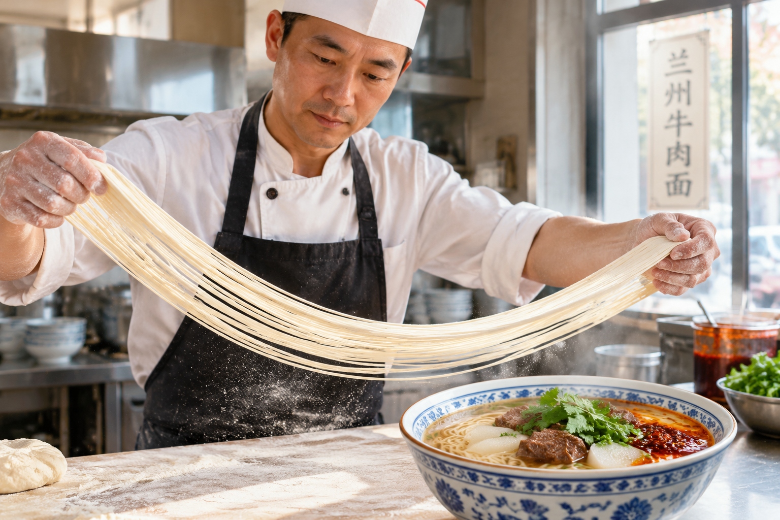 Close-up of hands pulling dough into thin noodles for Lanzhou beef noodles