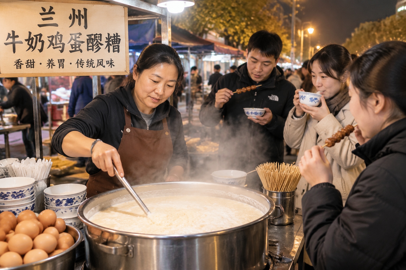 Night market vendor stirring milk egg fermented rice dessert in Lanzhou