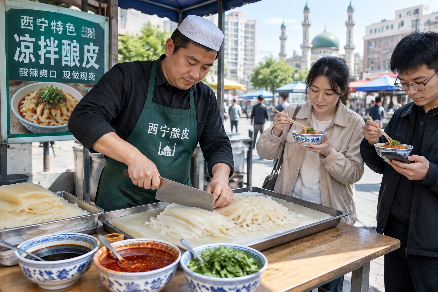 Hui vendor slicing niangpi at a Xining morning market, with customers eating standing up