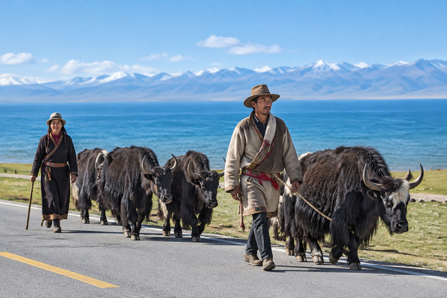 Tibetan herders moving yaks across a road near Qinghai Lake with blue water in the background