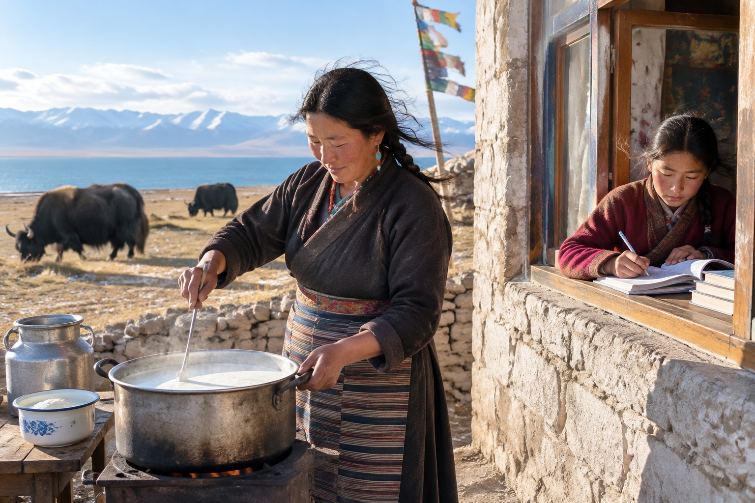 Tibetan family outside their winter house near Qinghai Lake, with yaks grazing in the background
