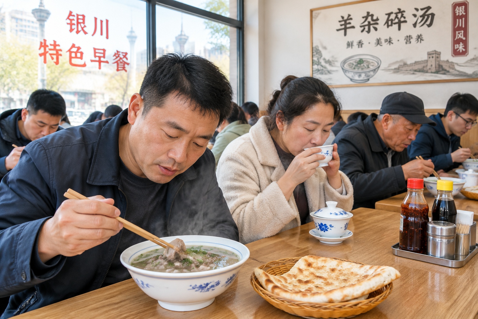 Customers eating lamb offal soup and drinking gaiwan tea at a crowded breakfast shop in Yinchuan, China.