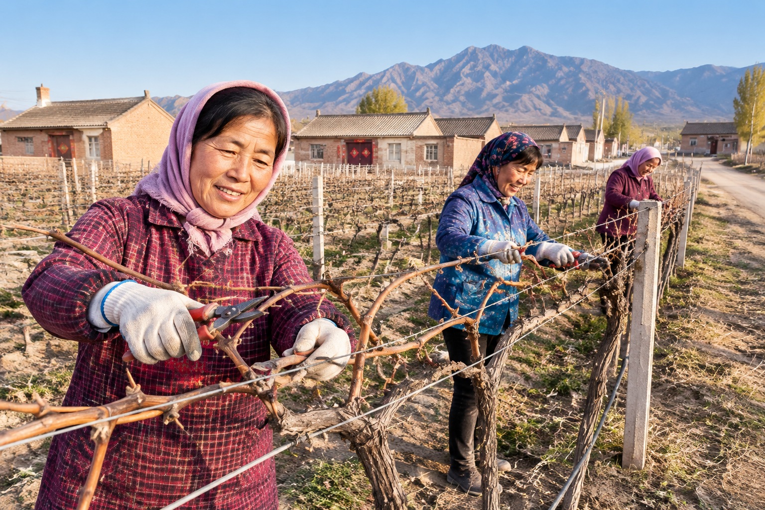 Workers from an immigrant village pruning grapevines in a vineyard near Helan Mountain, Ningxia.