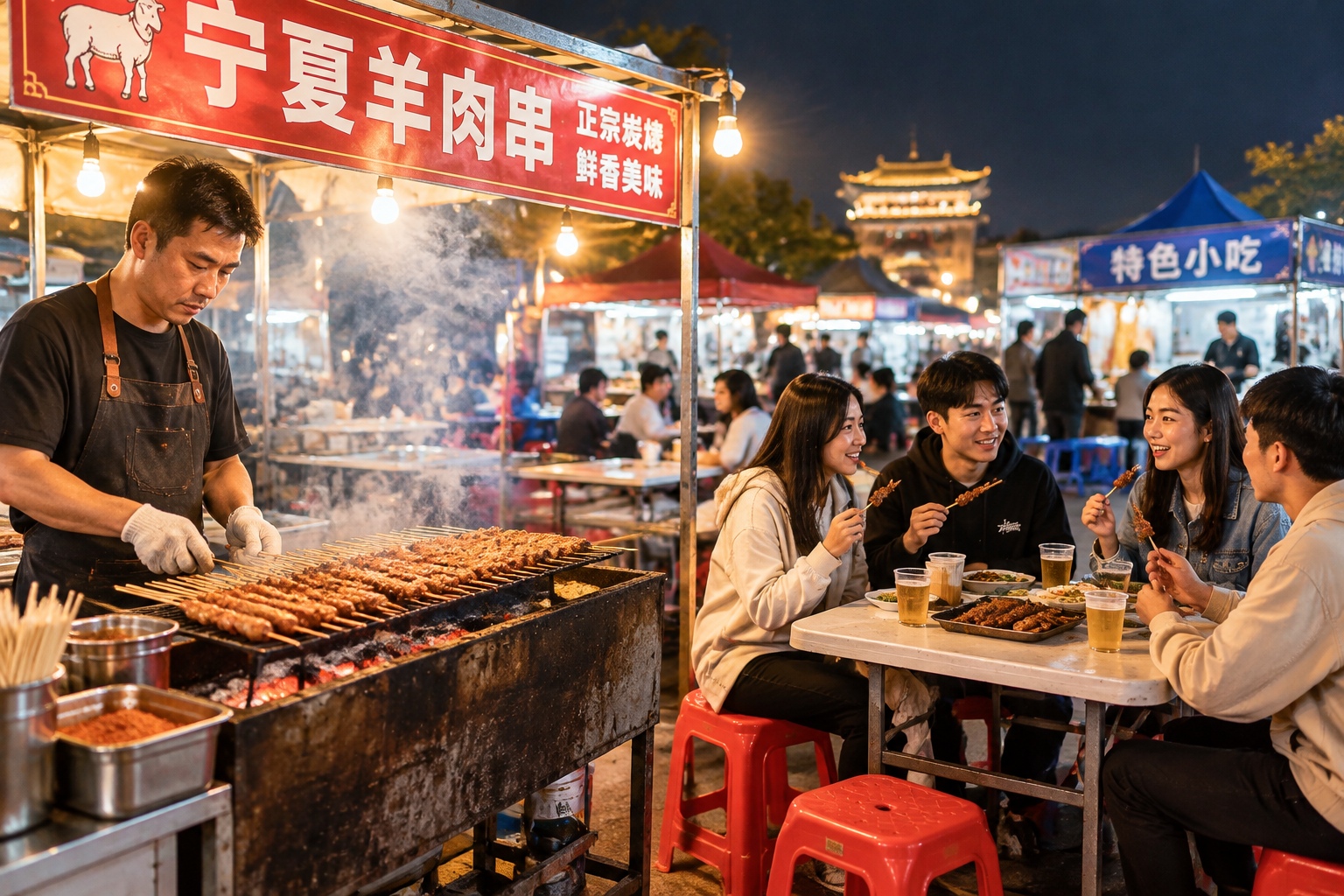A night market barbecue stall in Yinchuan, China, with lamb skewers grilling over charcoal and customers at plastic tables.