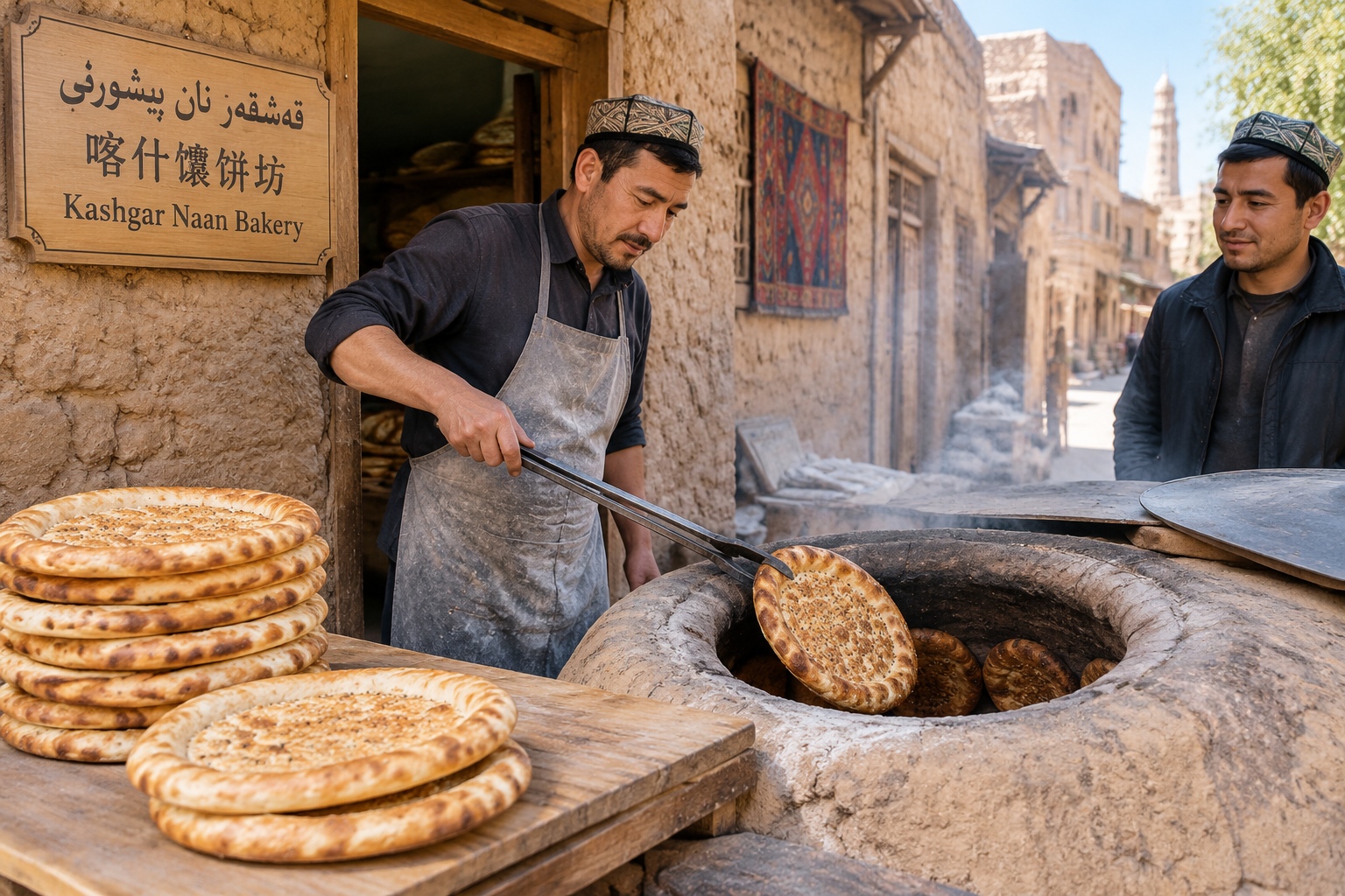 Uyghur baker pulling fresh naan from a clay oven in Kashgar old town, morning light