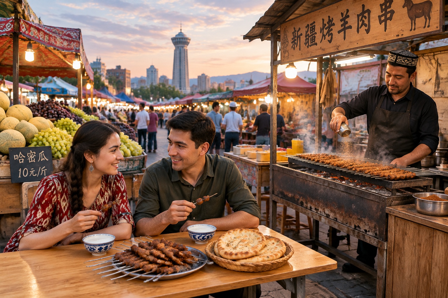 Urumqi night market with lamb skewers, yogurt, and fresh melons in the evening