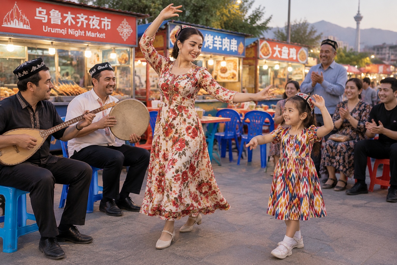 Spontaneous music and dance circle at a Urumqi night market with dutar and hand drum